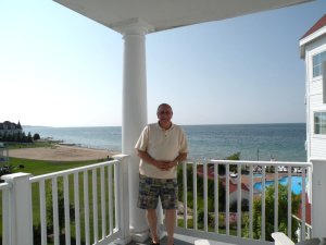 Me on the balcony of our room at The Inn at Bay Harbor.