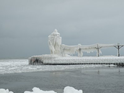 Winter ice on Michigan lighthouse.